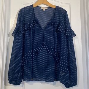 Michael Kors Blue Polka Dot Long Sleeve Blouse Size XL